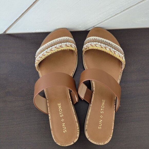 NEW Sun Stone Easten Slide Sandals Bead Cognac 7.5M Women's - Picture 3 of 7